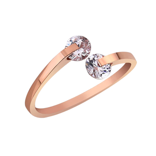 gouden ring met twee kleine zirkonia rose gold plated verstelbare ring RVS