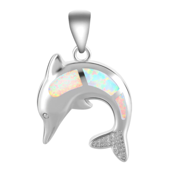 Opaal Ketting Hanger Witte Vuur Dolfijn