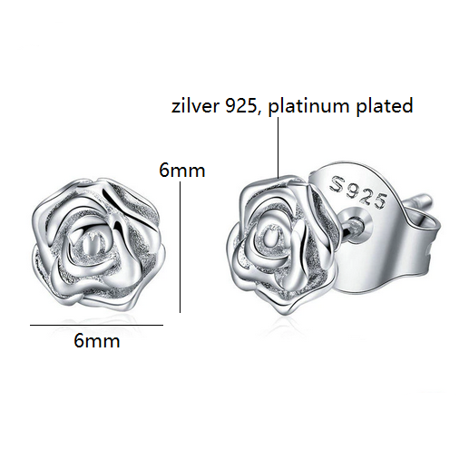 Oorbellen knopjes zilveren roos platinum plated zilver 925