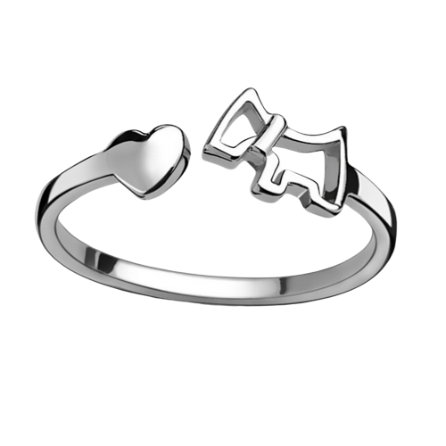 Zilveren ring hart en hond verstelbaar open ring