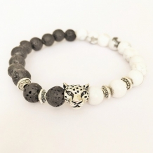 ibiza armbandje unisex yin en yang natuur stenen lava en howliet met luipaard hoofd kraal
