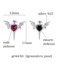 zilveren vleermuis vleugels oorknopjes met hart vorm zirkonia zilver 925