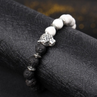 ibiza armbandje unisex yin en yang natuur stenen lava en howliet met luipaard hoofd kraal