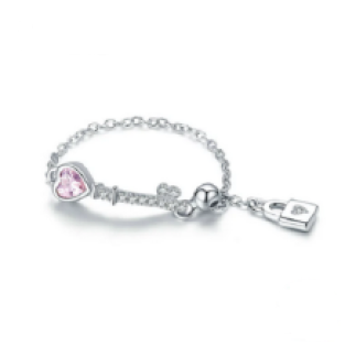 zilveren dames verstelbaar ring sleutel en slot met roze zirkonia zilver 925
